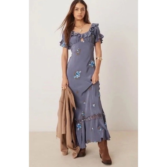 Free People Dresses & Skirts - FREE PEOPLE Floral Embroidered Bali Santa Cruz Ruffle Maxi Dress L NWT